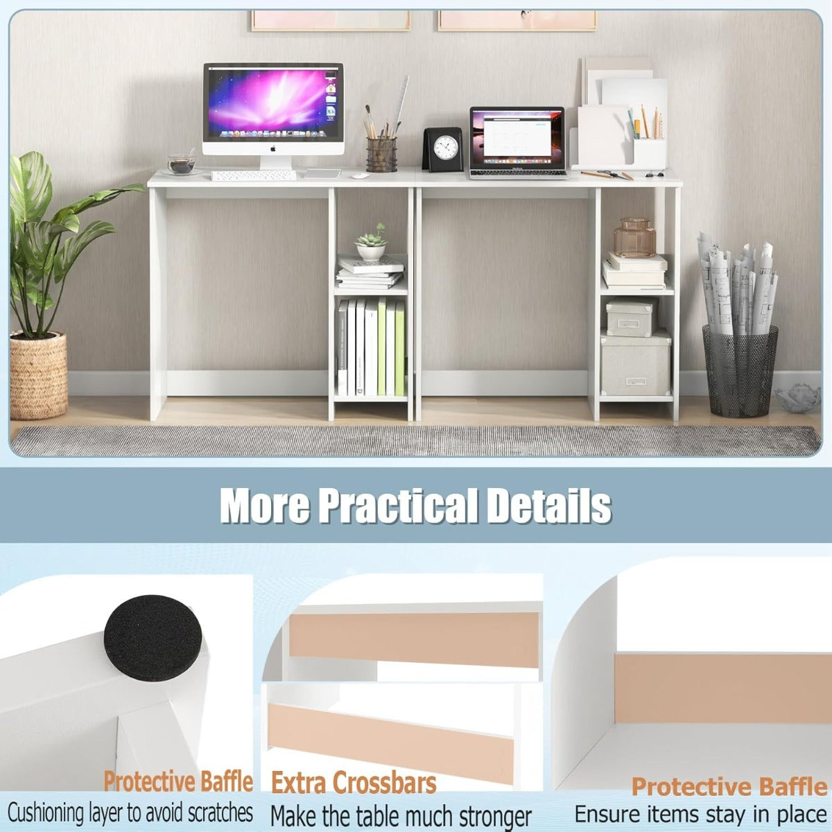 Mesa de Computador Compacta com 2 Prateleiras Design Moderno 80 x 40 cm Branco — foto 5