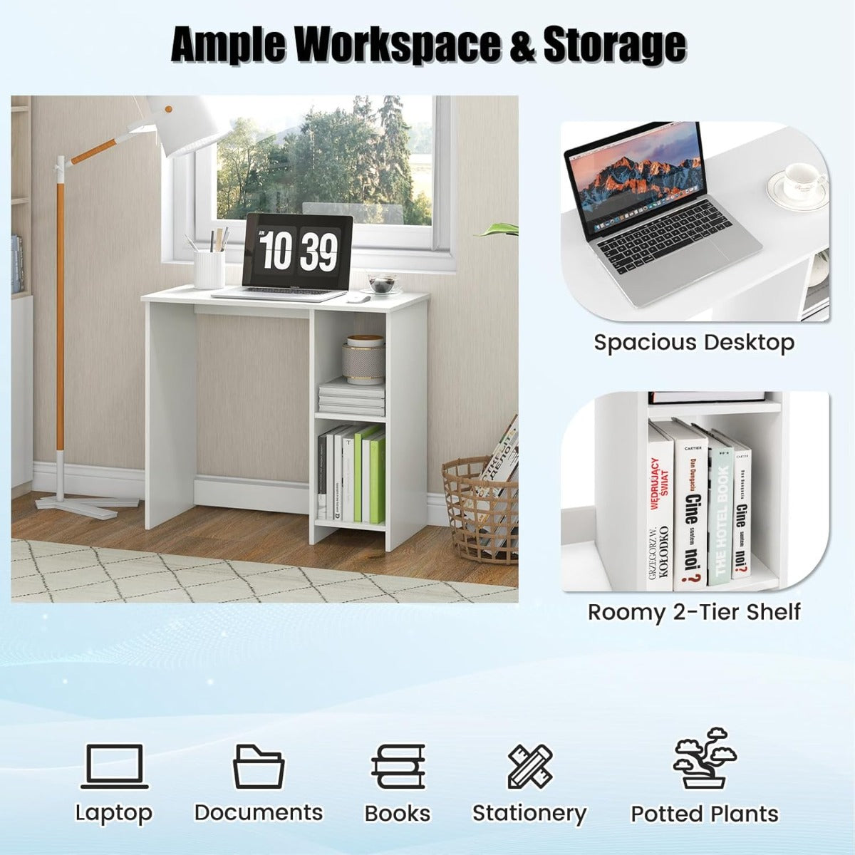 Mesa de Computador Compacta com 2 Prateleiras Design Moderno 80 x 40 cm Branco — foto 6