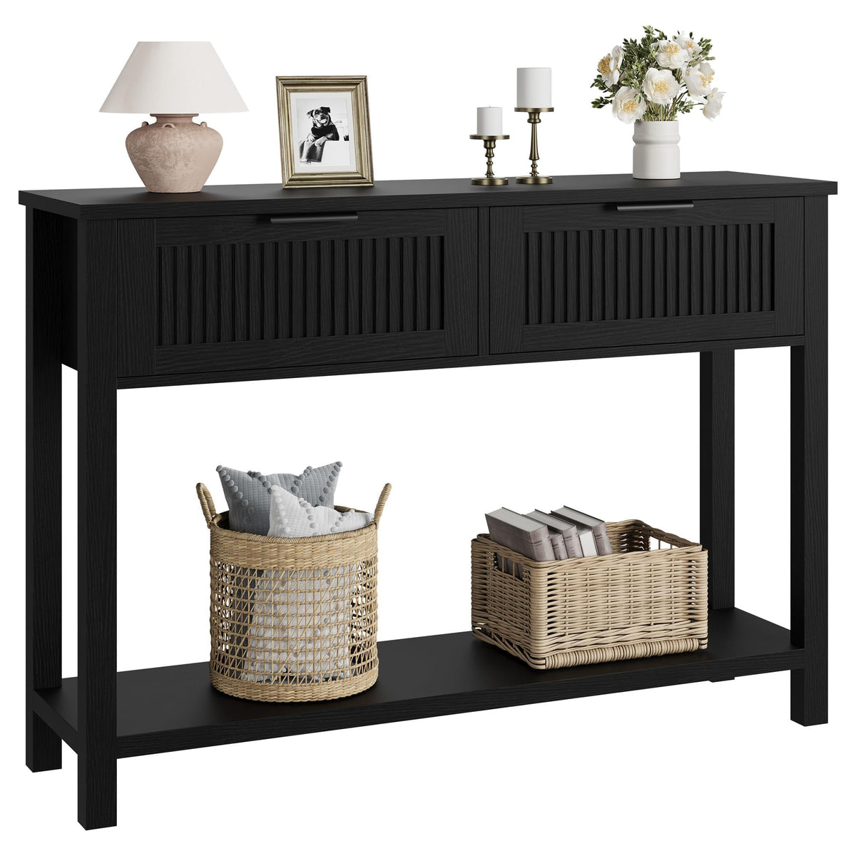 Mesa de entrada de estilo rústico com 2 gavetas e prateleira inferior, consola em madeira de alta densidade com relevo, 110x30x80 cm, preta — foto 2