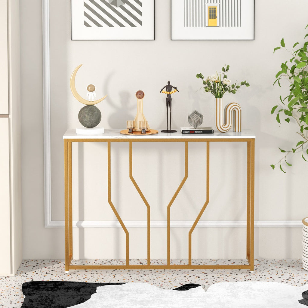 Mesa de Entrada Moderna Metal e Mármore Artificial Console Estreita Recibidor 110x30x80cm Branco Dourado — foto 1