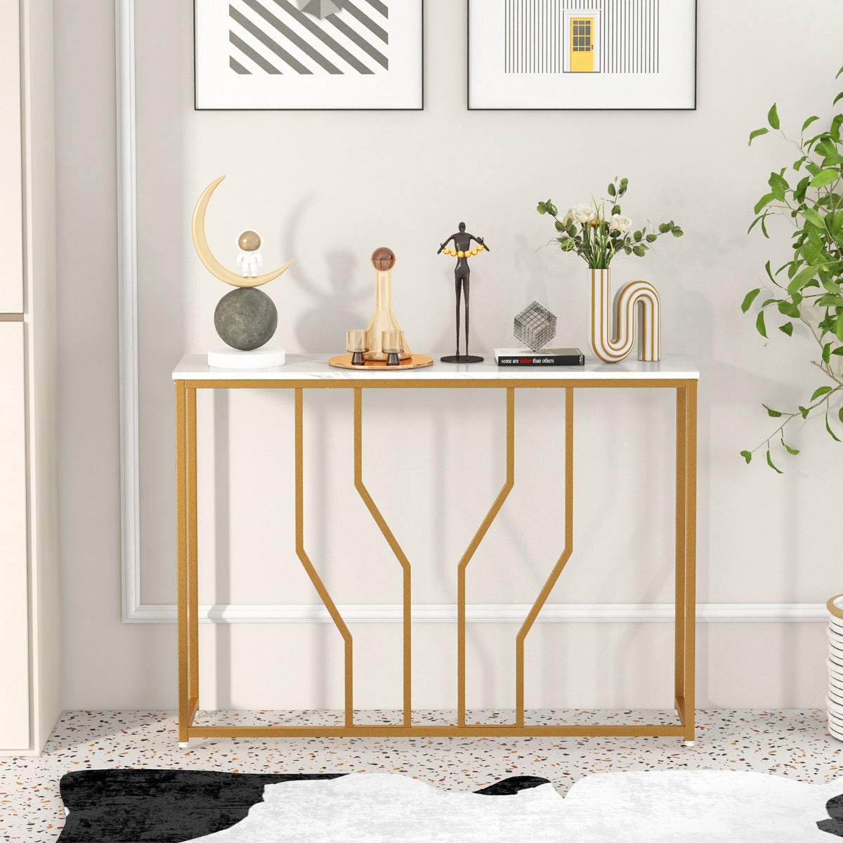 Mesa de Entrada Moderna Metal e Mármore Artificial Console Estreita Recibidor 110x30x80cm Branco Dourado — foto 1