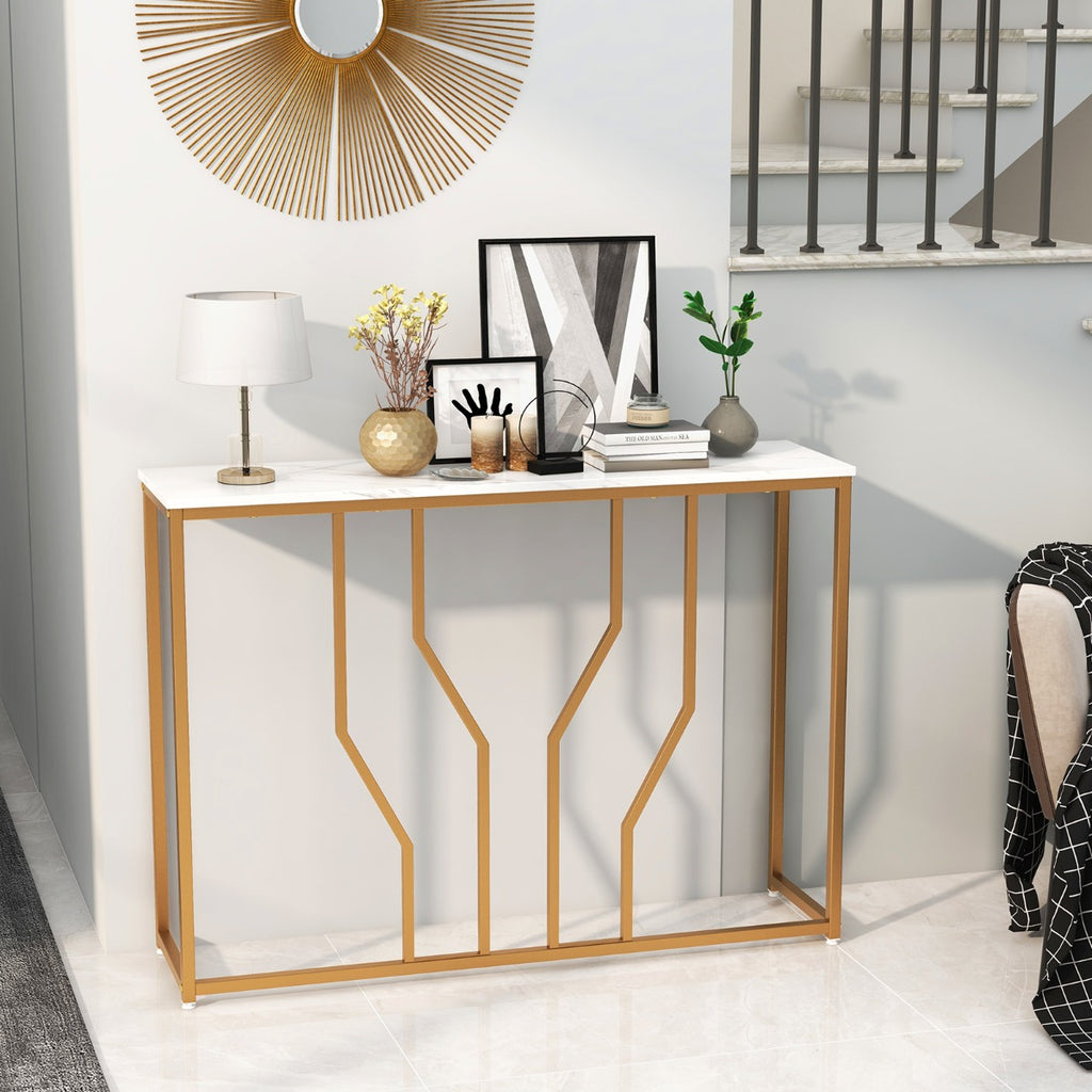 Mesa de Entrada Moderna Metal e Mármore Artificial Console Estreita Recibidor 110x30x80cm Branco Dourado — foto 4