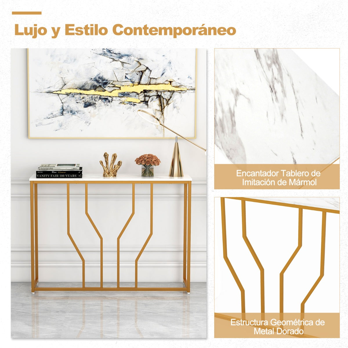 Mesa de Entrada Moderna Metal e Mármore Artificial Console Estreita Recibidor 110x30x80cm Branco Dourado — foto 6
