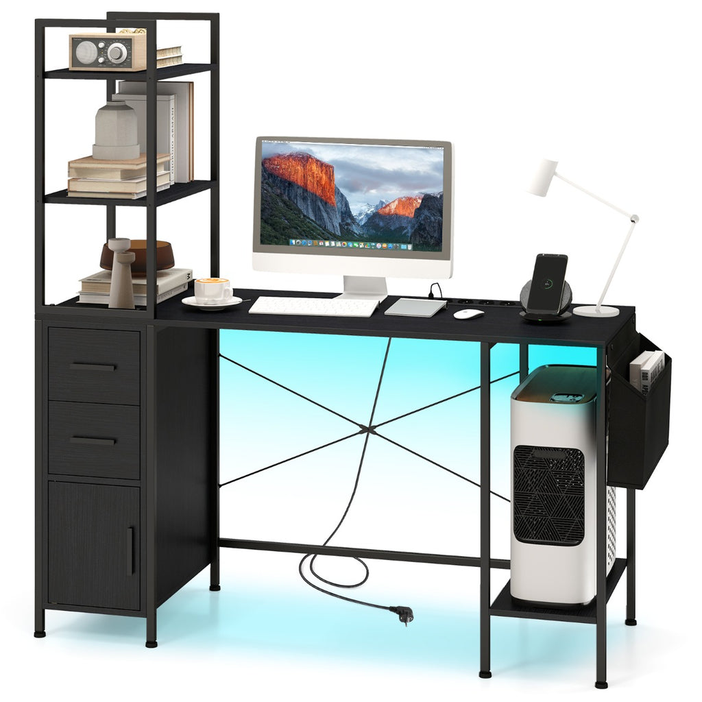 Mesa de Escritório com LED e Tomadas Suporte CPU e Bolso de Tecido Preto — foto 2