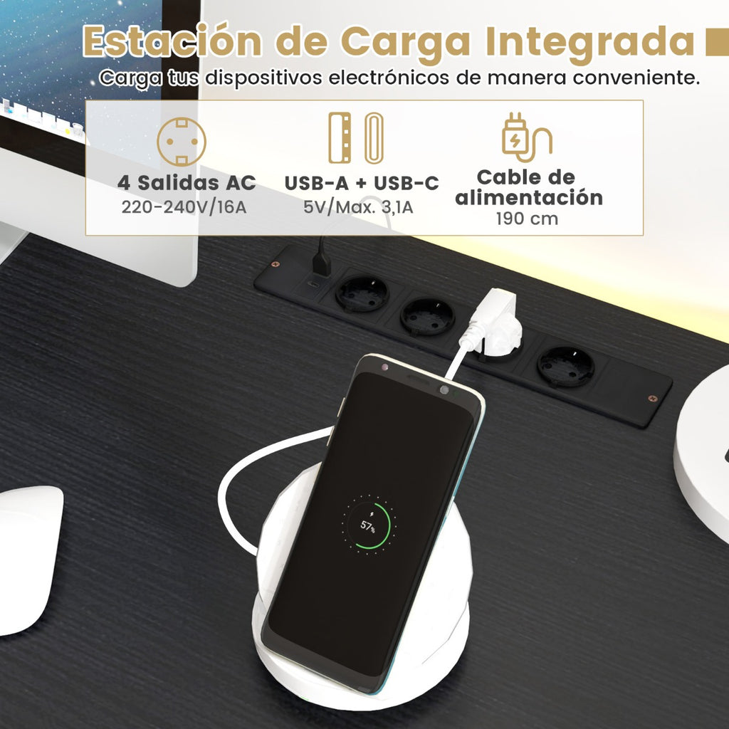 Mesa de Escritório com LED e Tomadas Suporte CPU e Bolso de Tecido Preto — foto 7
