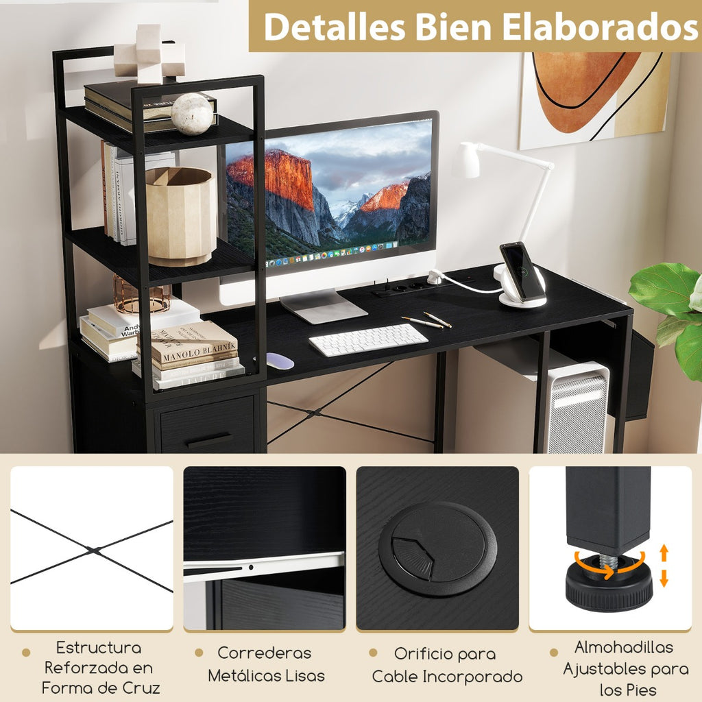 Mesa de Escritório com LED e Tomadas Suporte CPU e Bolso de Tecido Preto — foto 9