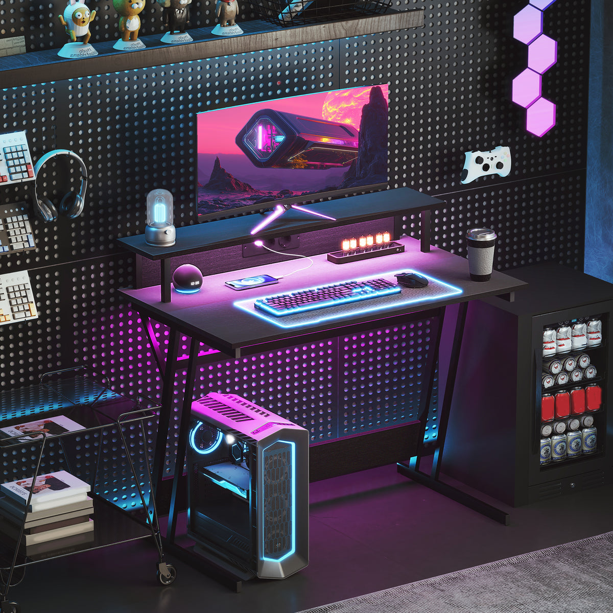 Mesa Gaming com Luzes LED e Tomadas Elétricas, 100x60 cm, Secretária Gaming, Mesa Gamer com Suporte para Monitor, Prateleiras e Controlo Remoto, para Escritório, Estúdio, Preto — foto 2