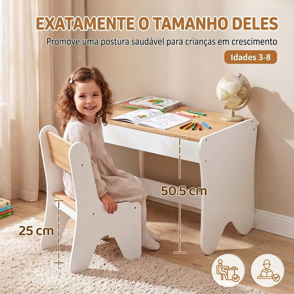 Mesa e Cadeira Infantil para Desenhar e Ler com Gaveta Branco e Madeira — imagem 5
