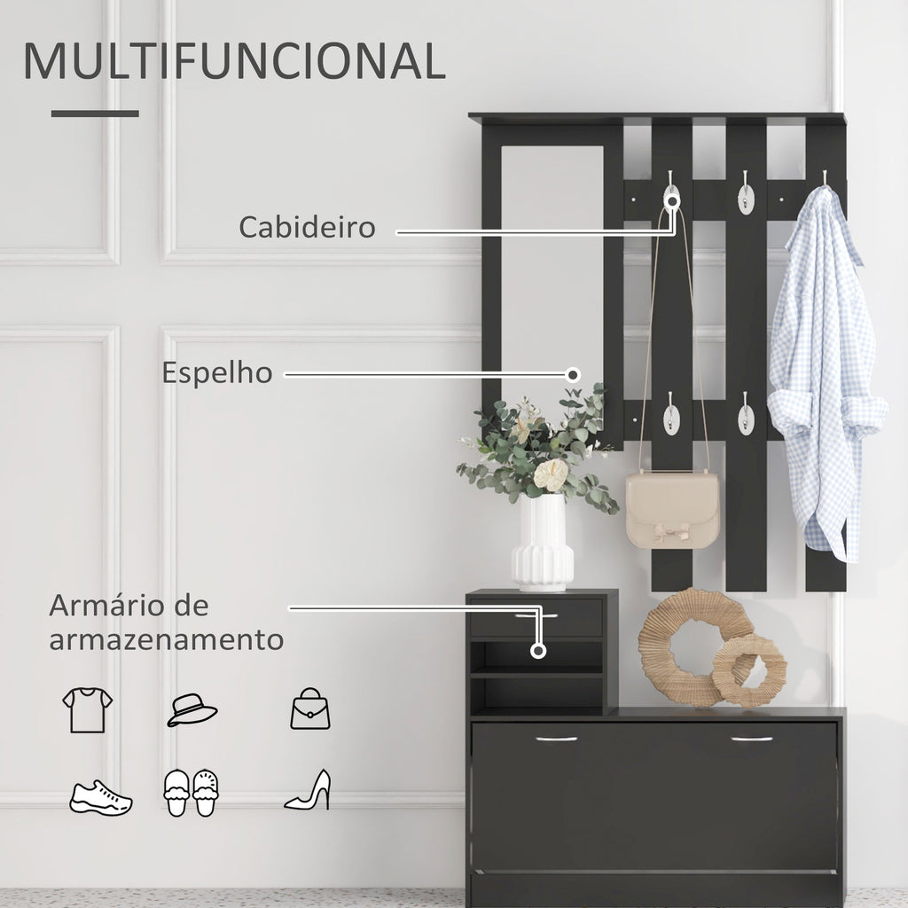 Móvel Cabide de Entrada com Espelh, Cabide e Sapateira Móveis de Entrada de 2 Peças com 6 Ganchos Prateleira e Gaveta Preto — foto 4