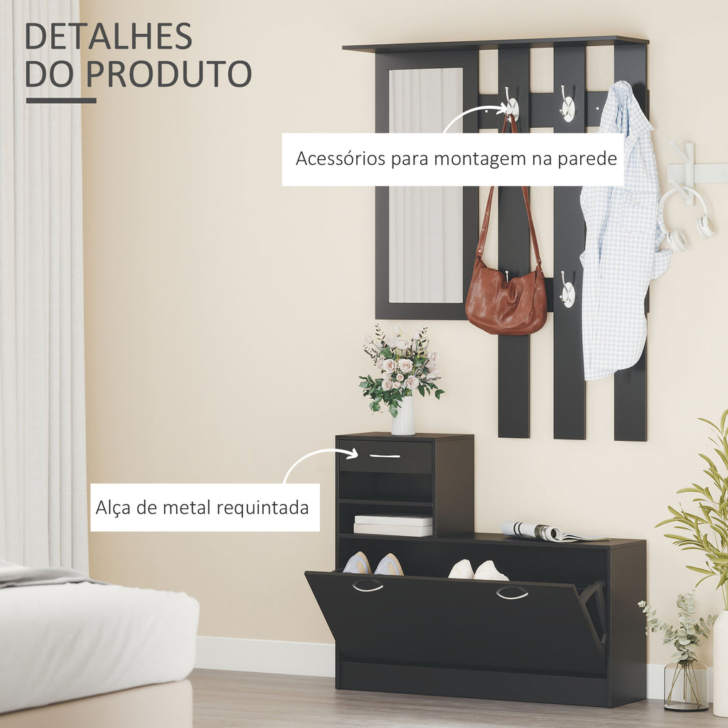 Móvel Cabide de Entrada com Espelh, Cabide e Sapateira Móveis de Entrada de 2 Peças com 6 Ganchos Prateleira e Gaveta Preto — foto 5