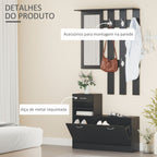 Móvel Cabide de Entrada com Espelh, Cabide e Sapateira Móveis de Entrada de 2 Peças com 6 Ganchos Prateleira e Gaveta Preto — foto 5