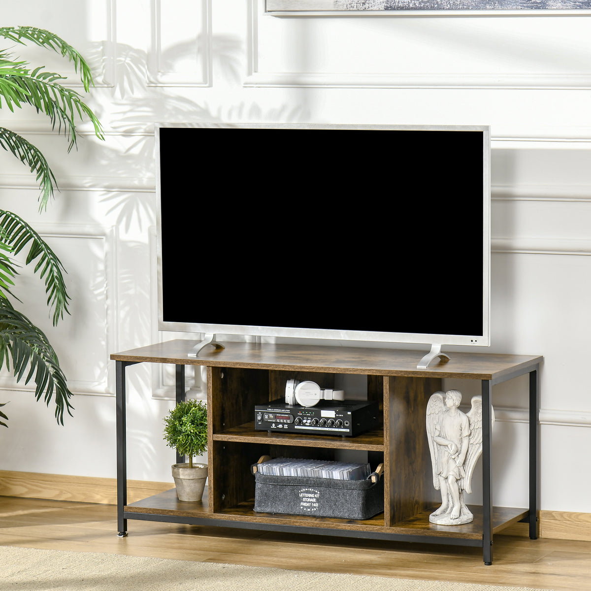 Móvel de TV até 55 Polegadas Móvel de TV Estilo Industrial com 4 Compartimentos Prateleira Ajustável e Orifício para Cabos 110x40x50cm Castanho Rústico — foto 2