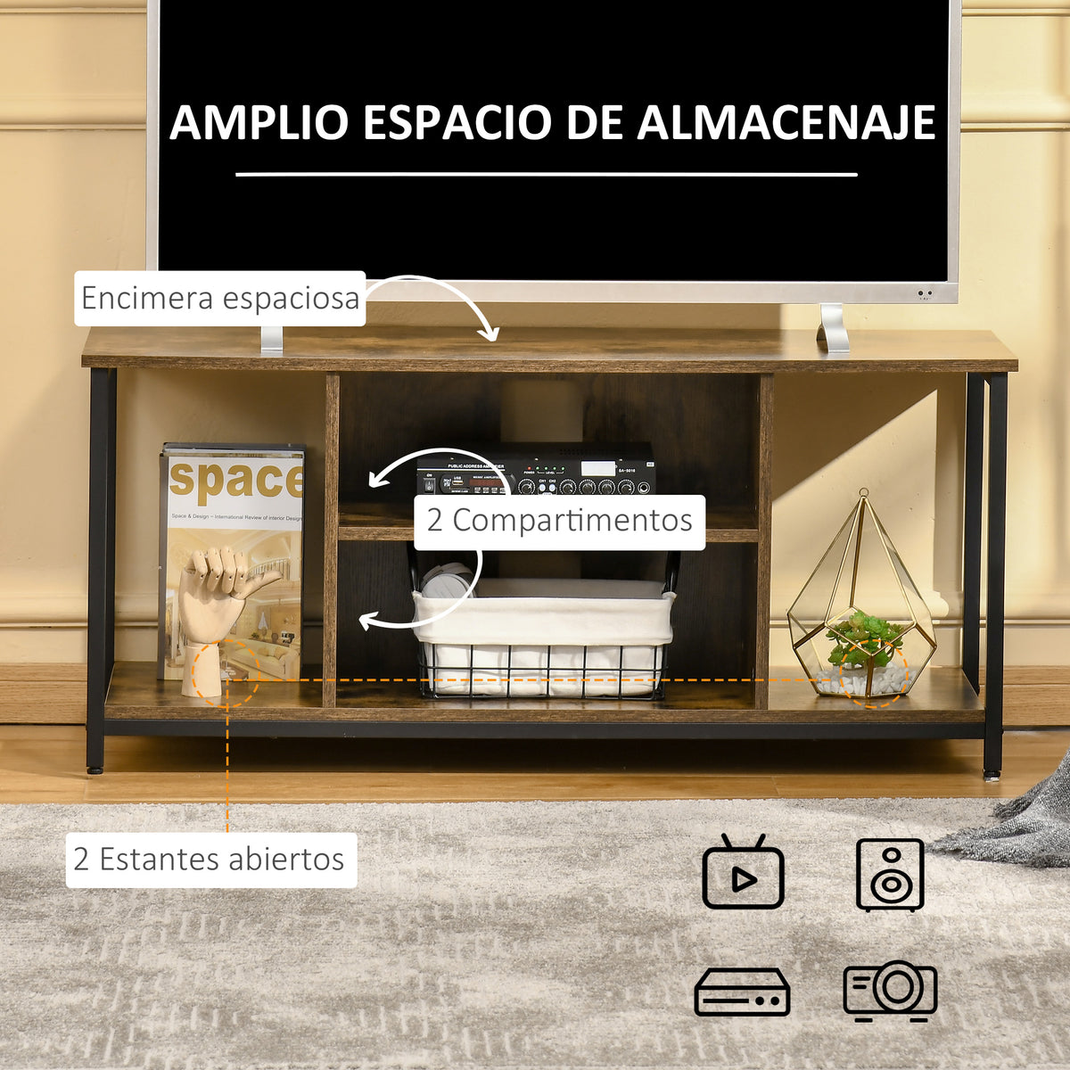 Móvel de TV até 55 Polegadas Móvel de TV Estilo Industrial com 4 Compartimentos Prateleira Ajustável e Orifício para Cabos 110x40x50cm Castanho Rústico — foto 4