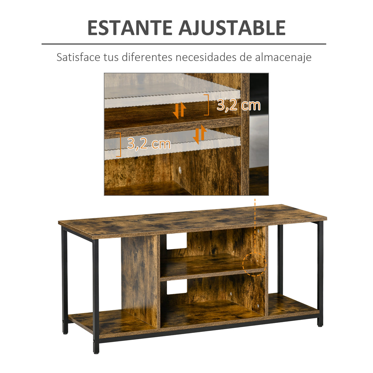 Móvel de TV até 55 Polegadas Móvel de TV Estilo Industrial com 4 Compartimentos Prateleira Ajustável e Orifício para Cabos 110x40x50cm Castanho Rústico — foto 5