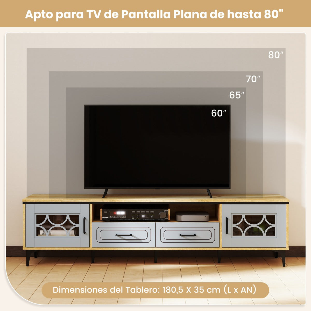 Móvel de TV até 80 Polegadas com 2 Gavetas e Compartimentos 180,5x35x46cm Natural — foto 4