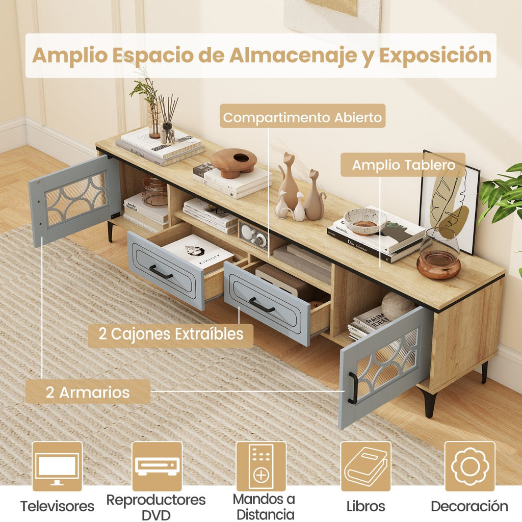 Móvel de TV até 80 Polegadas com 2 Gavetas e Compartimentos 180,5x35x46cm Natural — foto 8