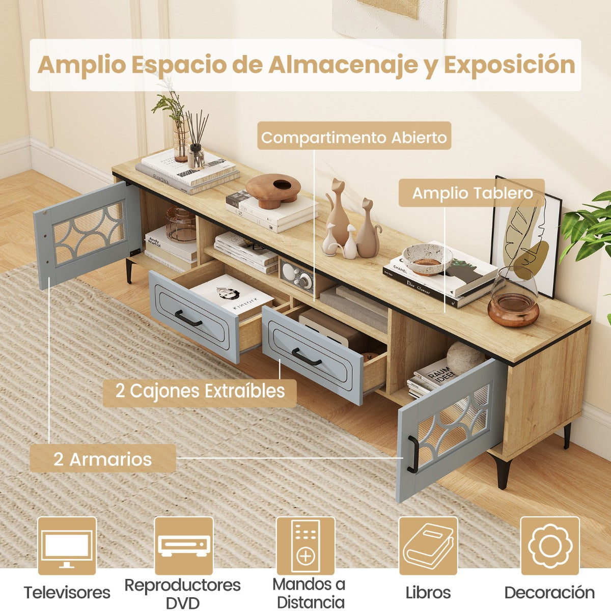 Móvel de TV até 80 Polegadas com 2 Gavetas e Compartimentos 180,5x35x46cm Natural — foto 8