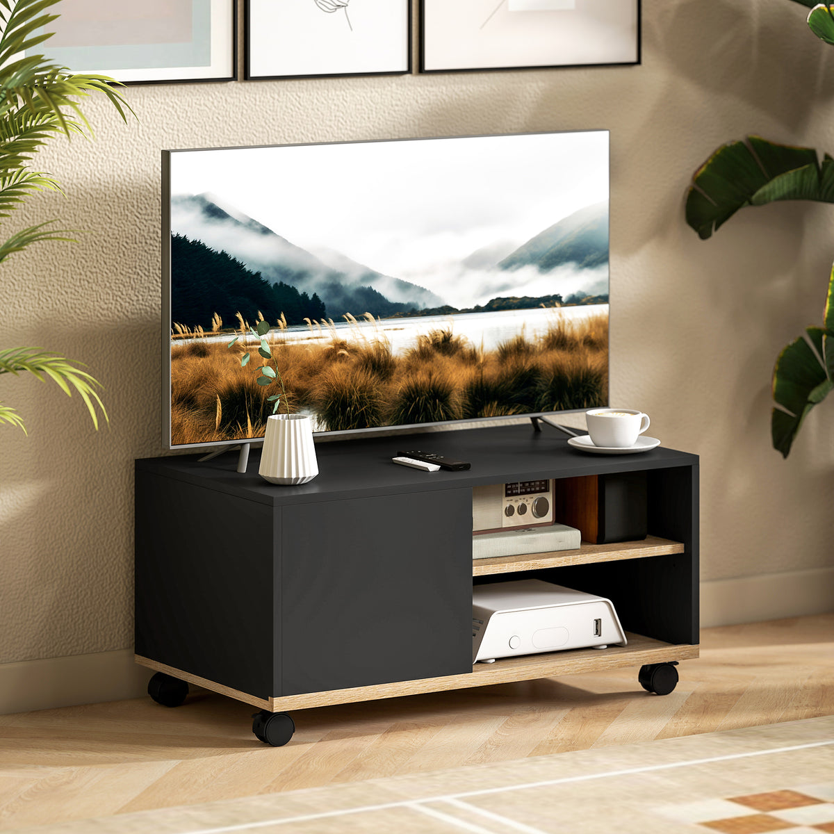 Móvel de TV com Rodas Mesa de TV Móvel até 42 Polegadas com 1 Porta 2 Compartimentos Abertos Prateleira Ajustável para Sala de Estar 80x45x41 cm Preto — foto 2
