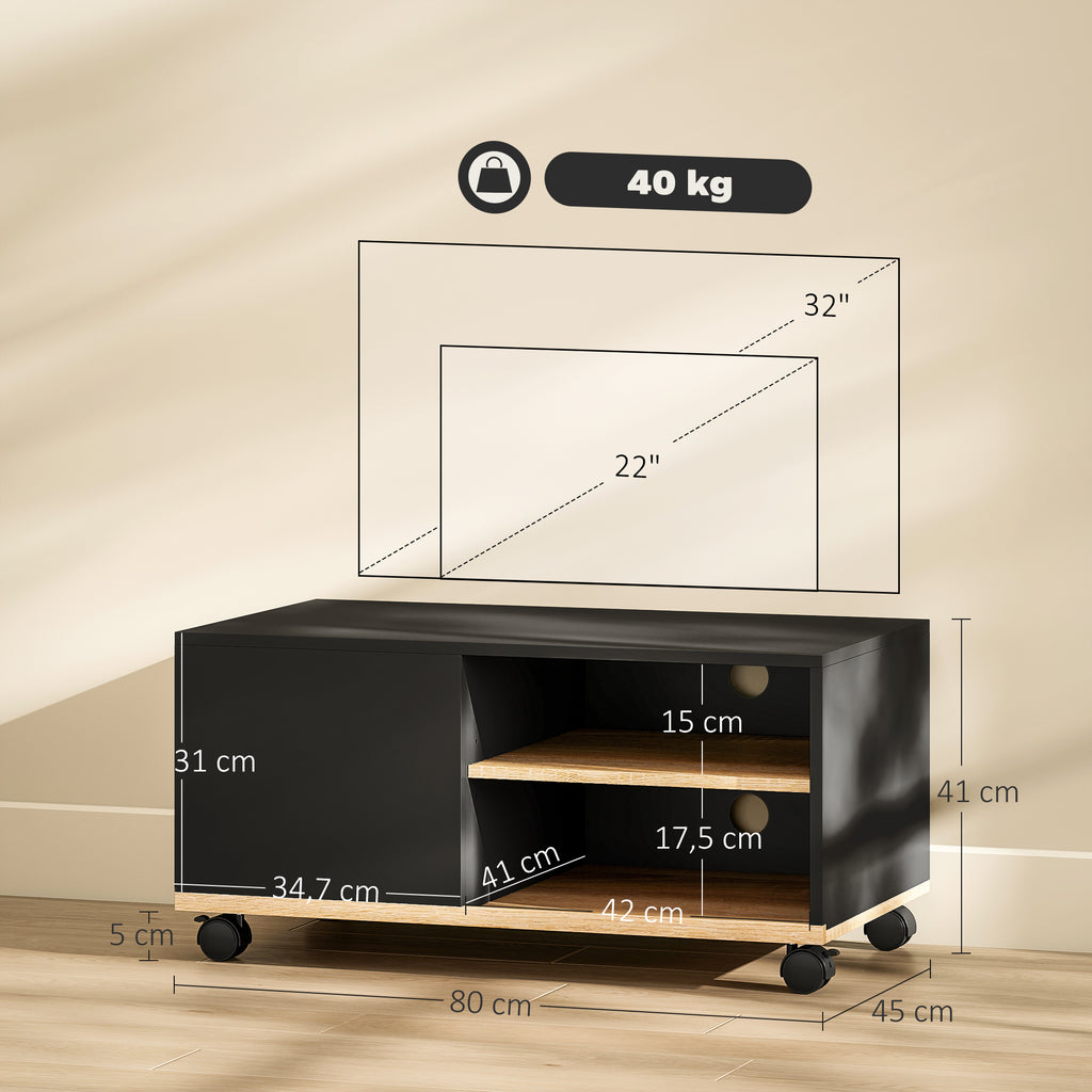 Móvel de TV com Rodas Mesa de TV Móvel até 42 Polegadas com 1 Porta 2 Compartimentos Abertos Prateleira Ajustável para Sala de Estar 80x45x41 cm Preto — foto 3
