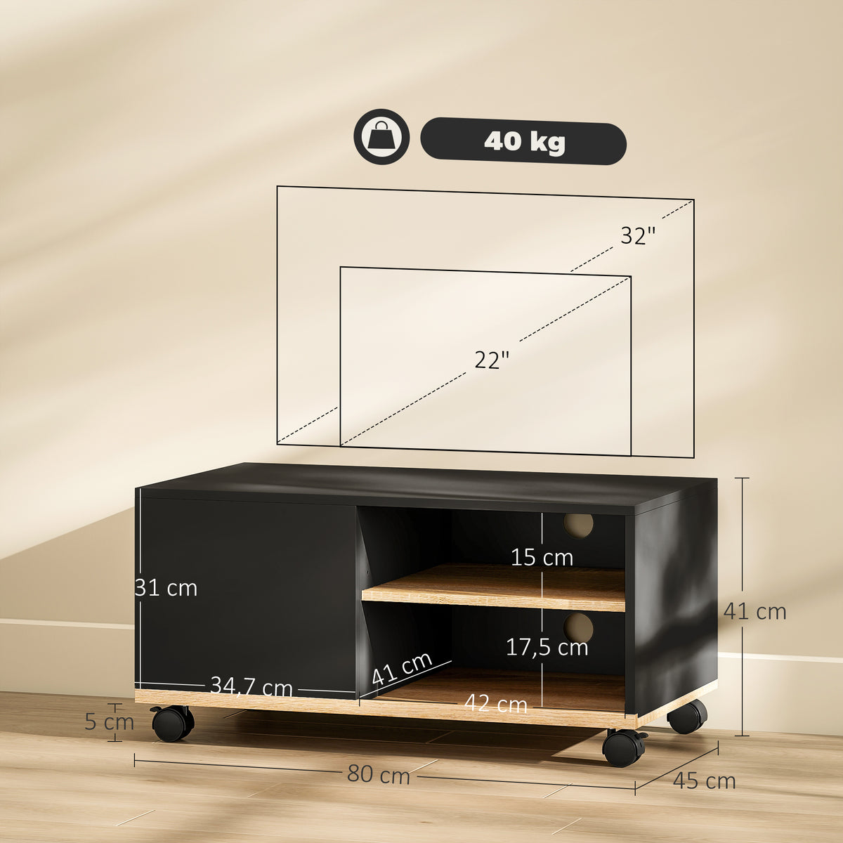 Móvel de TV com Rodas Mesa de TV Móvel até 42 Polegadas com 1 Porta 2 Compartimentos Abertos Prateleira Ajustável para Sala de Estar 80x45x41 cm Preto — foto 3
