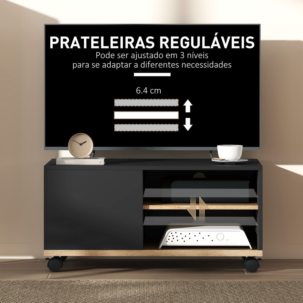 Móvel de TV com Rodas Mesa de TV Móvel até 42 Polegadas com 1 Porta 2 Compartimentos Abertos Prateleira Ajustável para Sala de Estar 80x45x41 cm Preto — foto 6