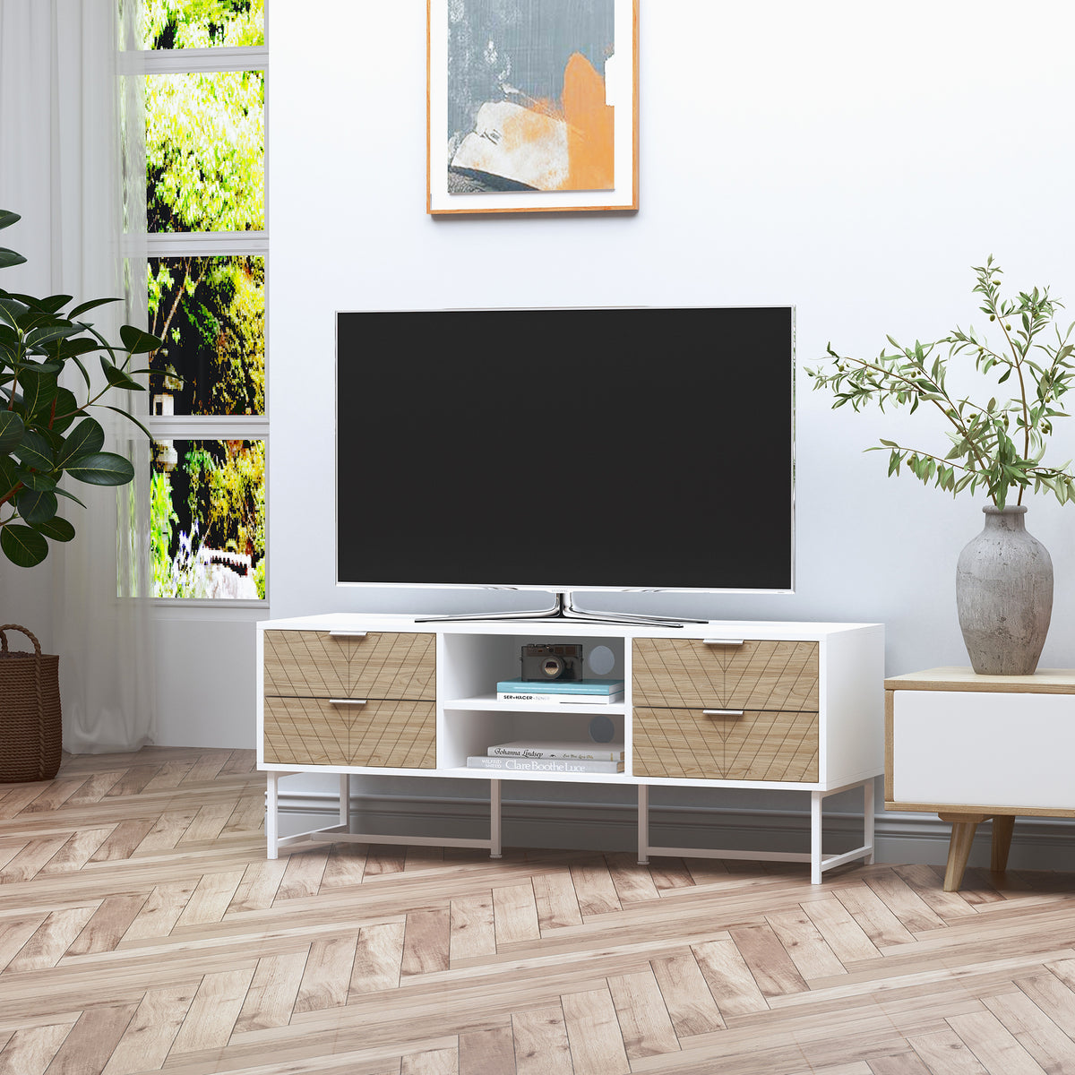 Móvel de TV de até 47 Polegadas Móvel de Sala de Estar Moderno com 4 Gavetas 2 Prateleiras Abertas e Orifício Passa Cabos 120x39x48cm Branco e Carvalho — foto 2