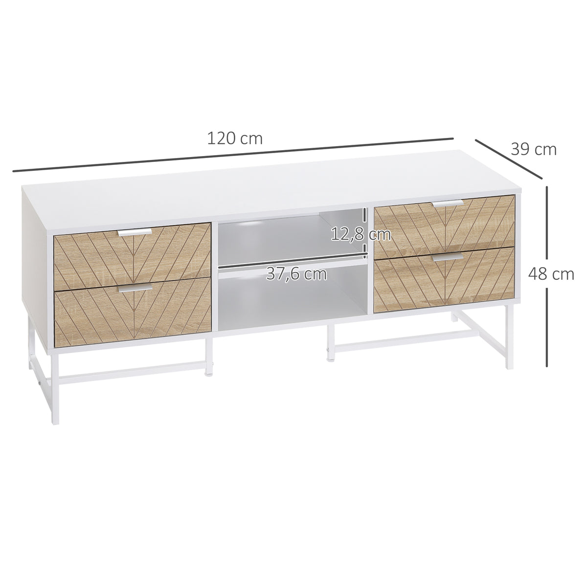 Móvel de TV de até 47 Polegadas Móvel de Sala de Estar Moderno com 4 Gavetas 2 Prateleiras Abertas e Orifício Passa Cabos 120x39x48cm Branco e Carvalho — foto 3