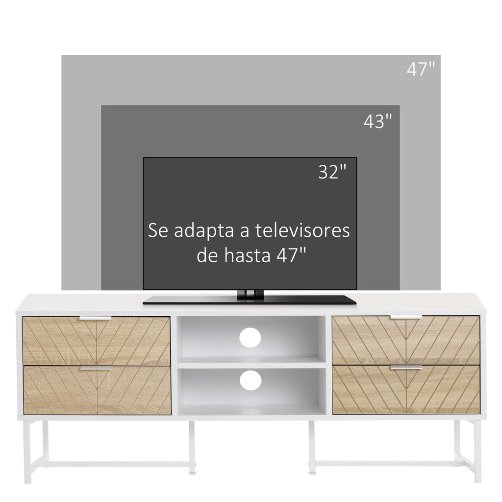 Móvel de TV de até 47 Polegadas Móvel de Sala de Estar Moderno com 4 Gavetas 2 Prateleiras Abertas e Orifício Passa Cabos 120x39x48cm Branco e Carvalho — foto 4