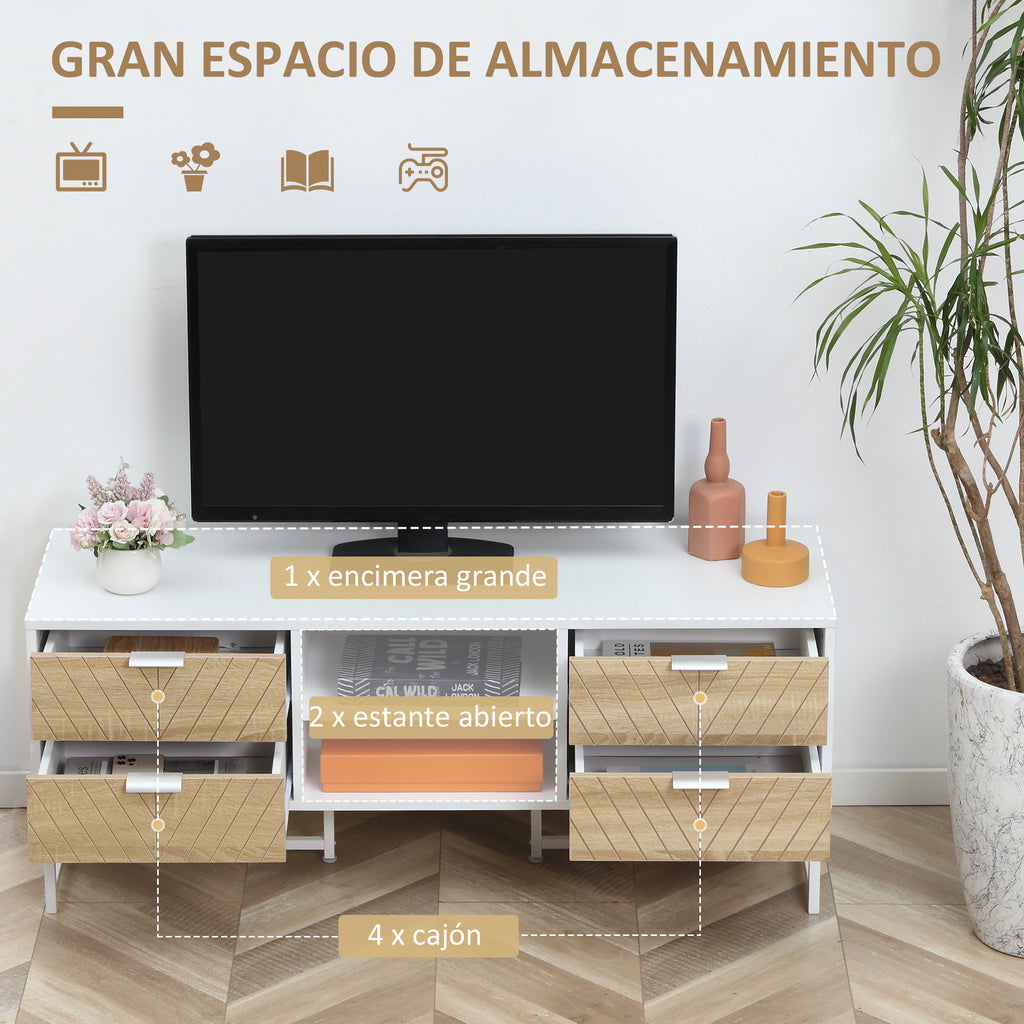 Móvel de TV de até 47 Polegadas Móvel de Sala de Estar Moderno com 4 Gavetas 2 Prateleiras Abertas e Orifício Passa Cabos 120x39x48cm Branco e Carvalho — foto 5