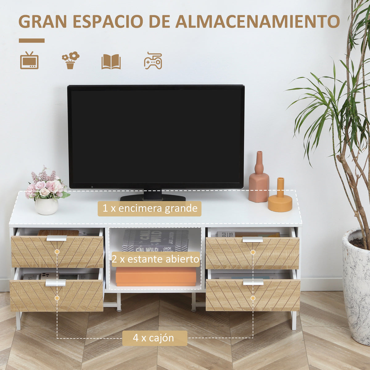 Móvel de TV de até 47 Polegadas Móvel de Sala de Estar Moderno com 4 Gavetas 2 Prateleiras Abertas e Orifício Passa Cabos 120x39x48cm Branco e Carvalho — foto 5