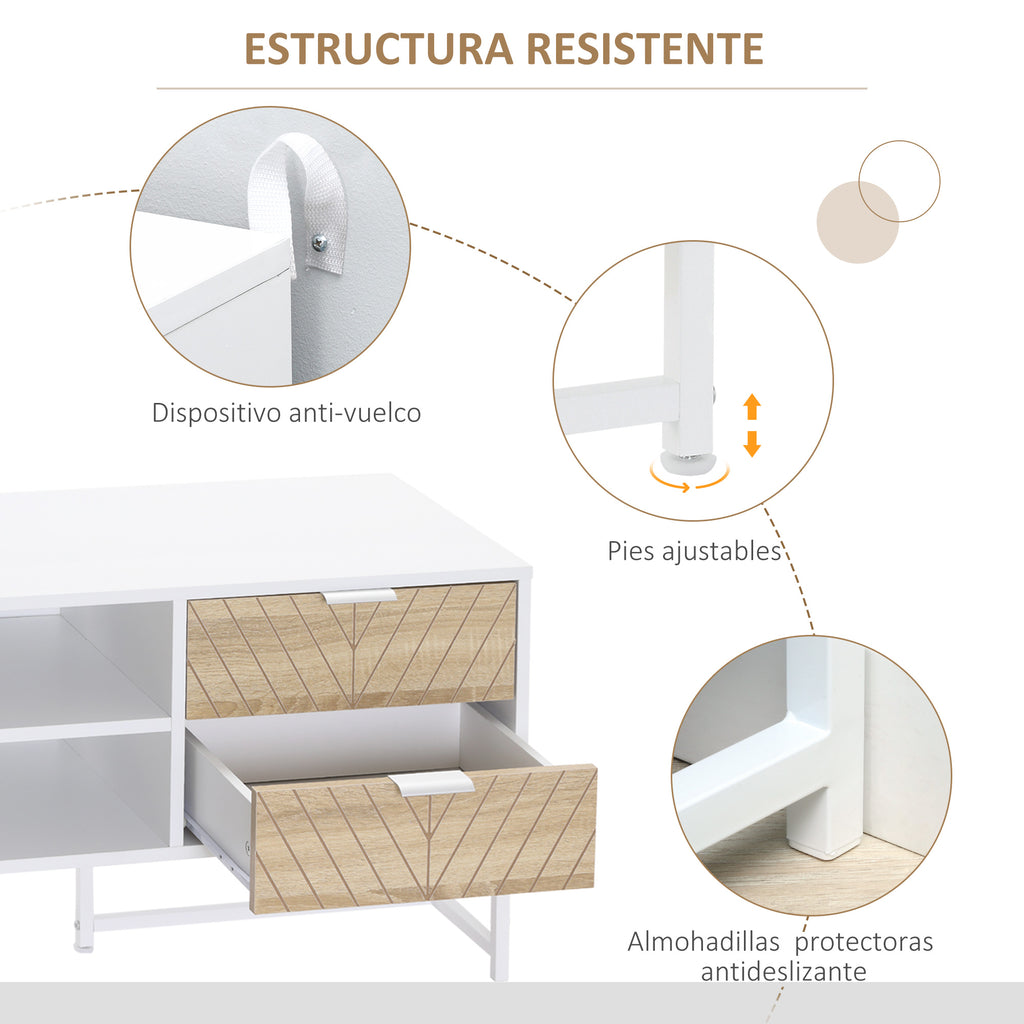 Móvel de TV de até 47 Polegadas Móvel de Sala de Estar Moderno com 4 Gavetas 2 Prateleiras Abertas e Orifício Passa Cabos 120x39x48cm Branco e Carvalho — foto 6