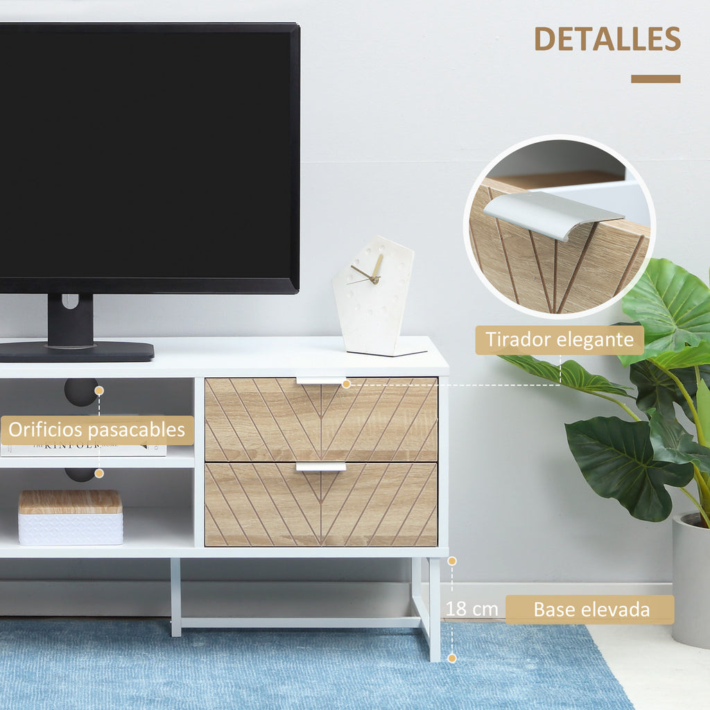 Móvel de TV de até 47 Polegadas Móvel de Sala de Estar Moderno com 4 Gavetas 2 Prateleiras Abertas e Orifício Passa Cabos 120x39x48cm Branco e Carvalho — foto 7