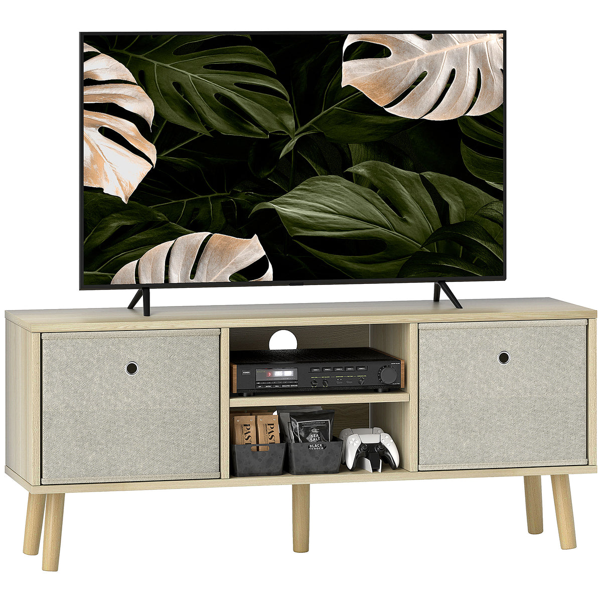 Móvel de TV para Televisores de até 50 Polegadas Móvel de Sala de Estar Moderno com 2 Gavetas de Tecido 2 Prateleiras Abertas e Orifício Passa Cabos 110x29x46,5 cm Madeira Clara e Bege — foto 1