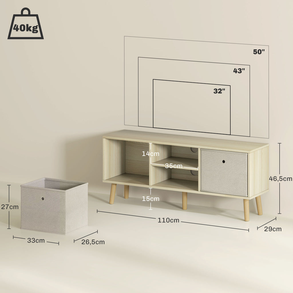 Móvel de TV para Televisores de até 50 Polegadas Móvel de Sala de Estar Moderno com 2 Gavetas de Tecido 2 Prateleiras Abertas e Orifício Passa Cabos 110x29x46,5 cm Madeira Clara e Bege — foto 3