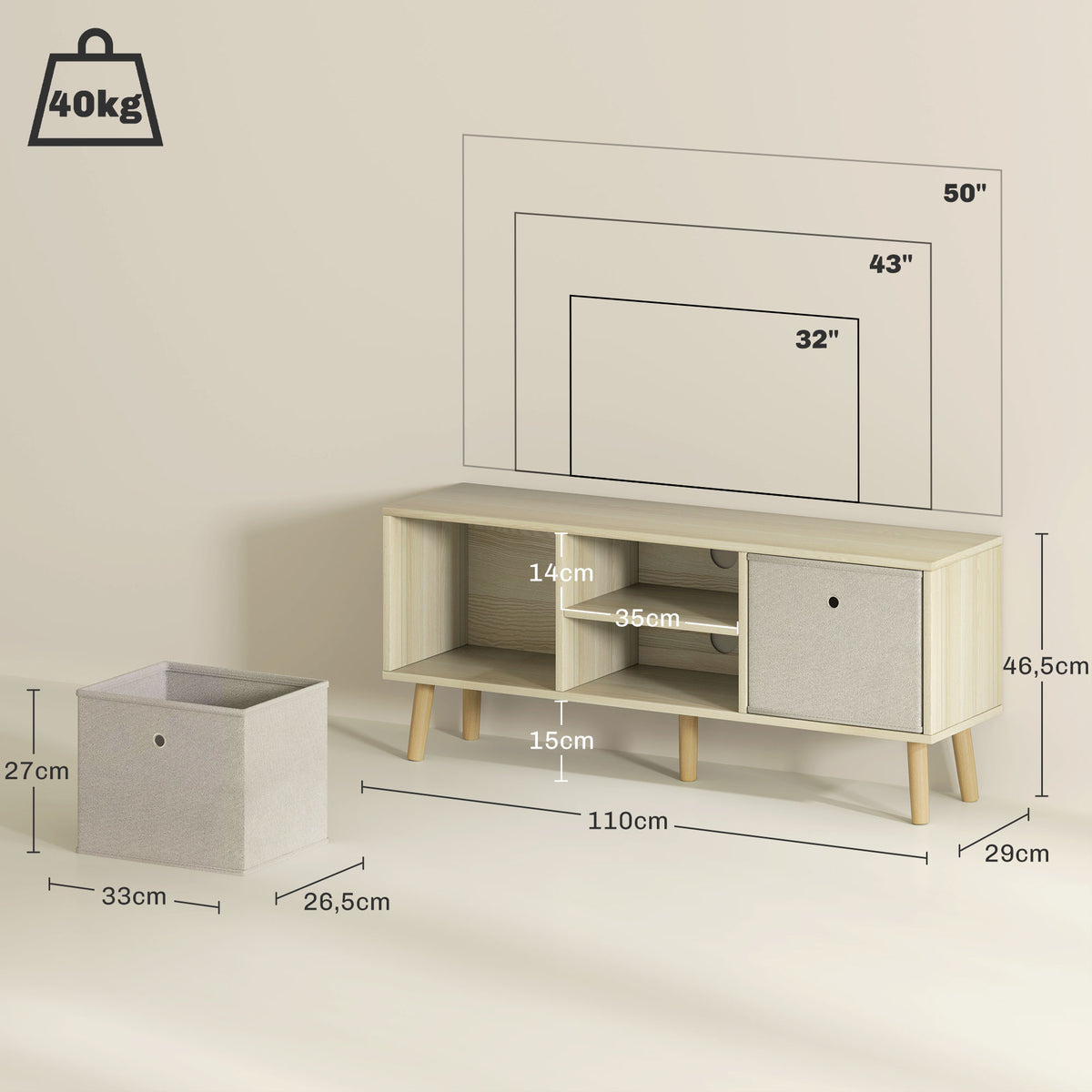 Móvel de TV para Televisores de até 50 Polegadas Móvel de Sala de Estar Moderno com 2 Gavetas de Tecido 2 Prateleiras Abertas e Orifício Passa Cabos 110x29x46,5 cm Madeira Clara e Bege — foto 3