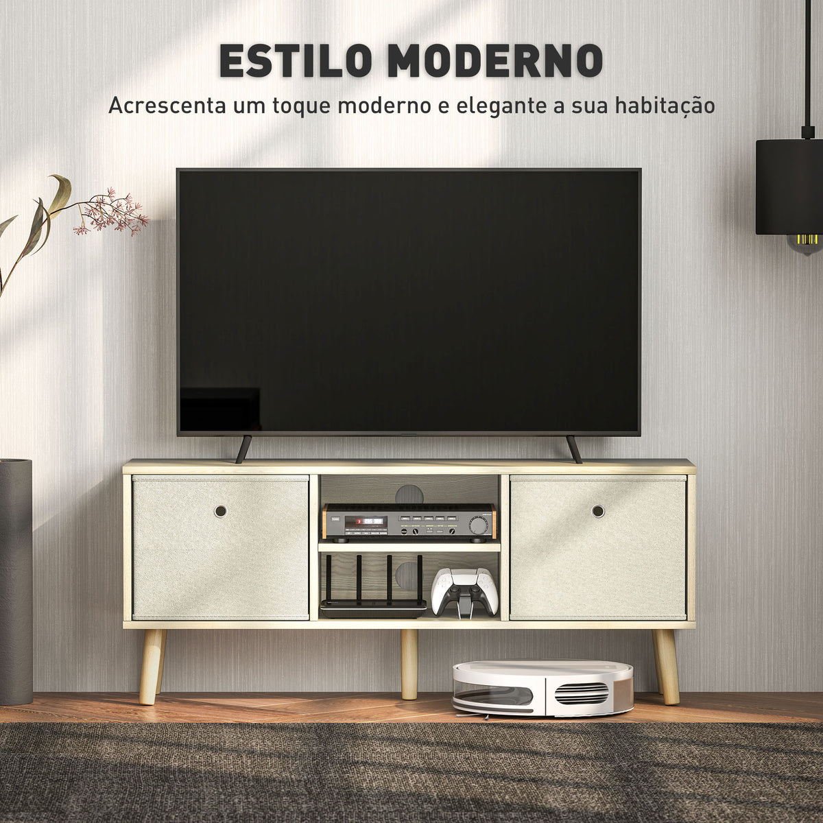 Móvel de TV para Televisores de até 50 Polegadas Móvel de Sala de Estar Moderno com 2 Gavetas de Tecido 2 Prateleiras Abertas e Orifício Passa Cabos 110x29x46,5 cm Madeira Clara e Bege — foto 4