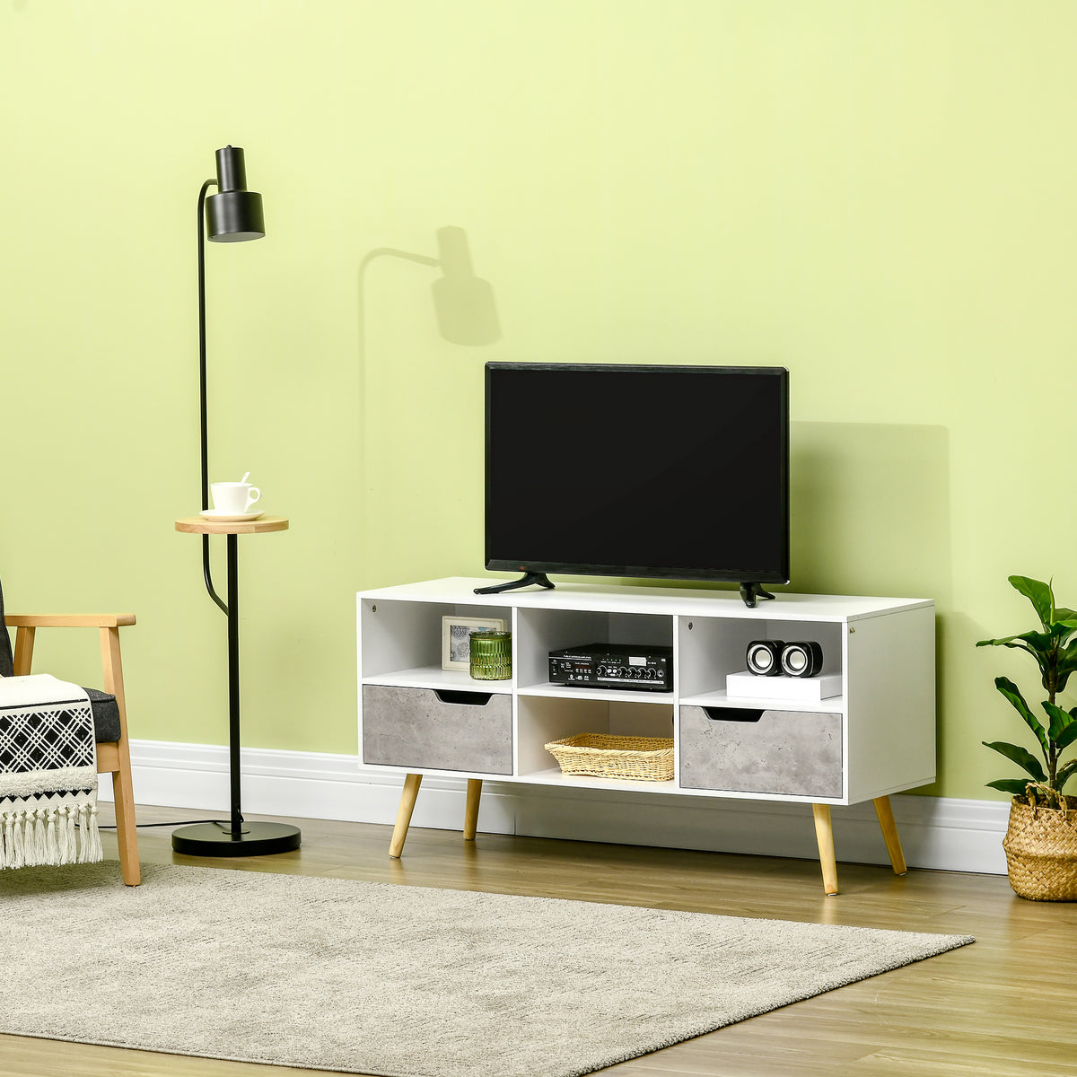 Móvel de TV para Televisores de até 50 Polegadas Móvel de TV Moderno com 2 Gavetas e 4 Compartimentos de Armazenamento para Sala de Estar 117x39x56,7cm Branco — foto 2