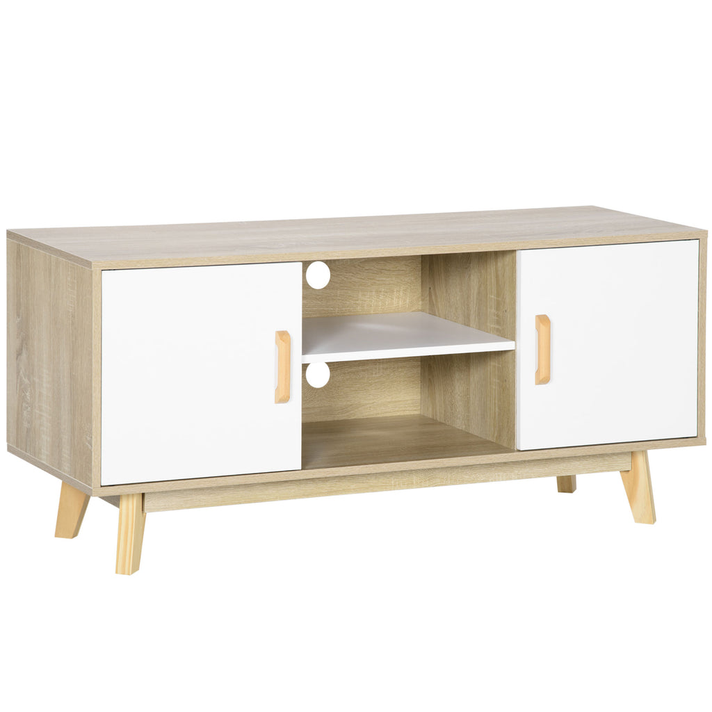 Móvel de TV para Televisores de até 55 Polegadas Móvel de TV Moderna com 2 Gavetas 2 Prateleiras Abertas e Prateleira Interior Ajustável para Dormitórios 120x40x55cm Madeira e Branco — foto 1