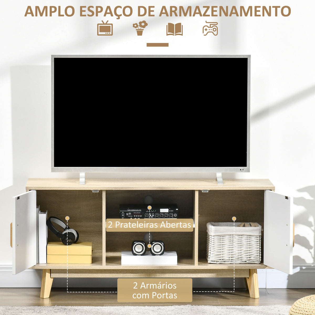 Móvel de TV para Televisores de até 55 Polegadas Móvel de TV Moderna com 2 Gavetas 2 Prateleiras Abertas e Prateleira Interior Ajustável para Dormitórios 120x40x55cm Madeira e Branco — foto 5