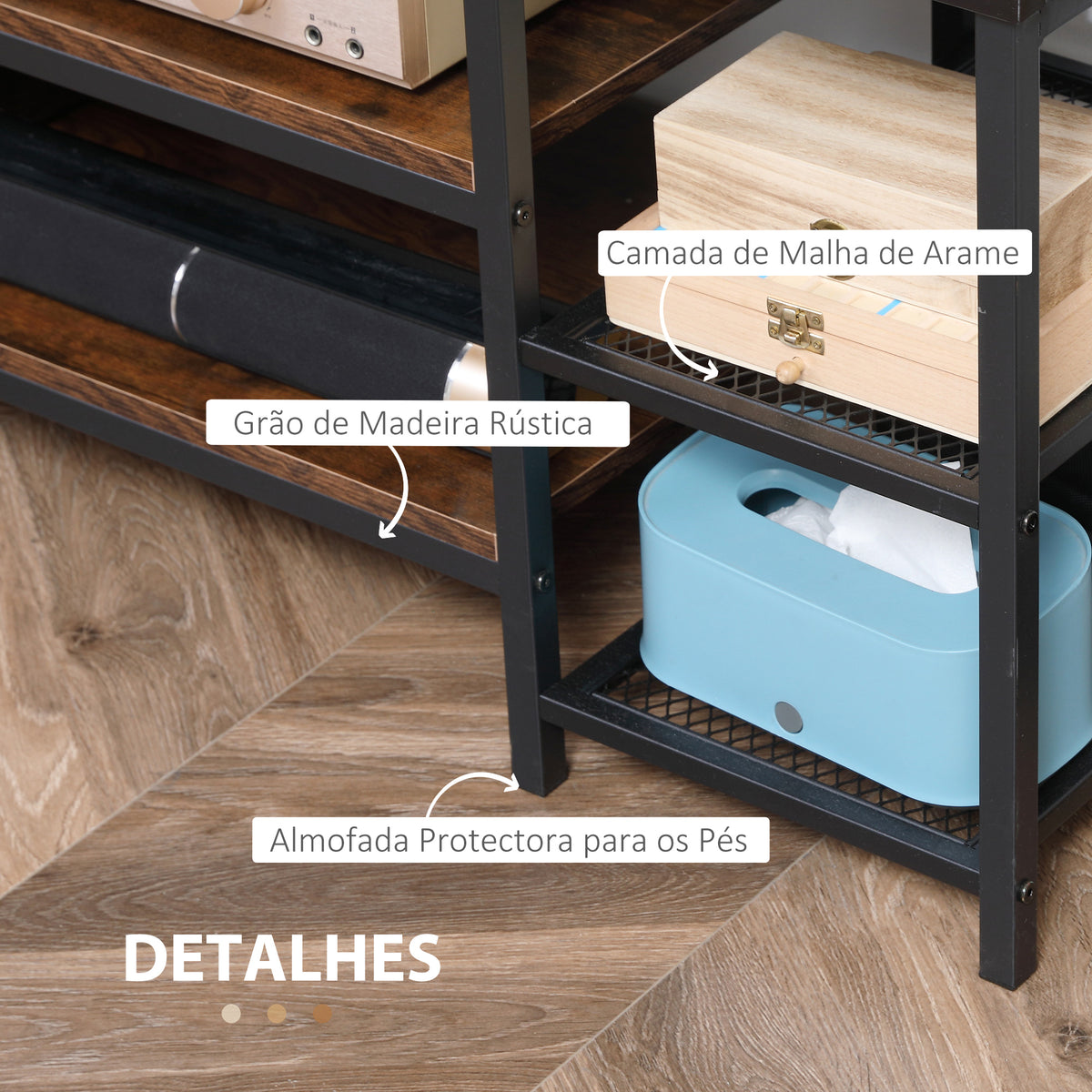 Móvel de TV para Televisores de até 65 Polegadas Armário para TV com 6 Prateleiras Abertas para Dormitório Estilo Industrial 140x40x50cm Marrom e Preto — foto 6
