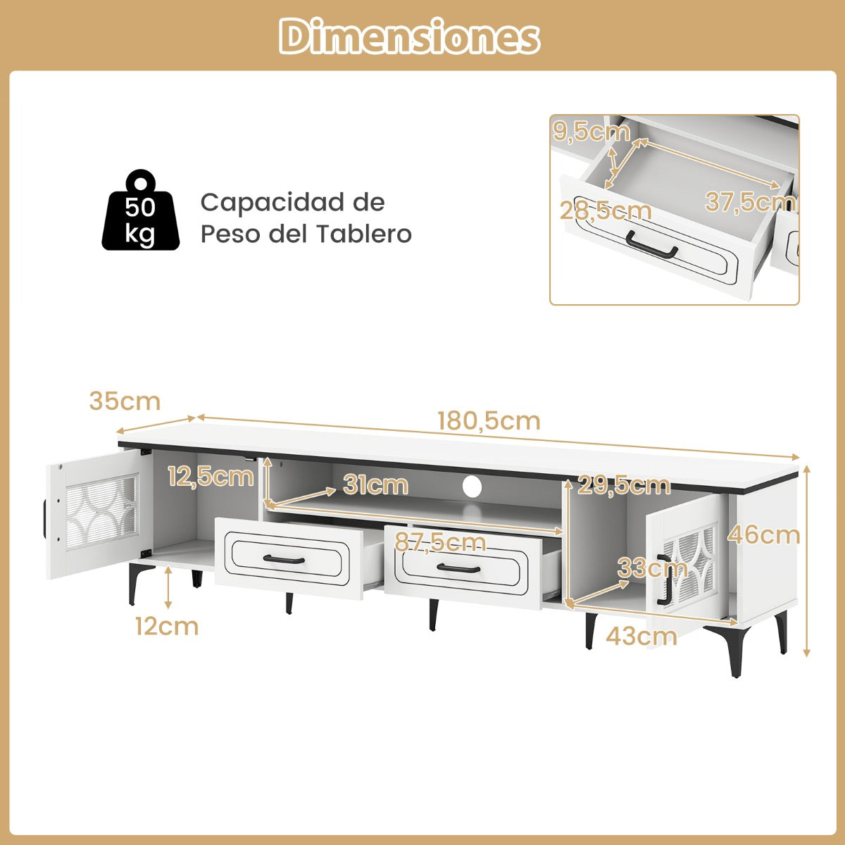 Móvel para TV até 80 polegadas com 2 gavetas, 2 compartimentos com porta e prateleira 180,5 x 35 x 46 cm branco — foto 3