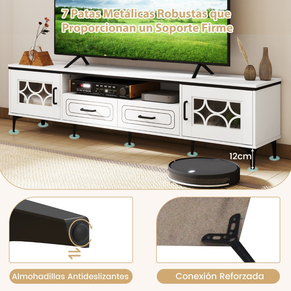 Móvel para TV até 80 polegadas com 2 gavetas, 2 compartimentos com porta e prateleira 180,5 x 35 x 46 cm branco — foto 5