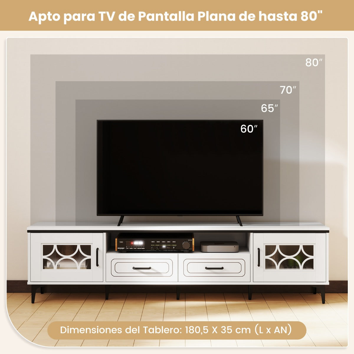 Móvel para TV até 80 polegadas com 2 gavetas, 2 compartimentos com porta e prateleira 180,5 x 35 x 46 cm branco — foto 8