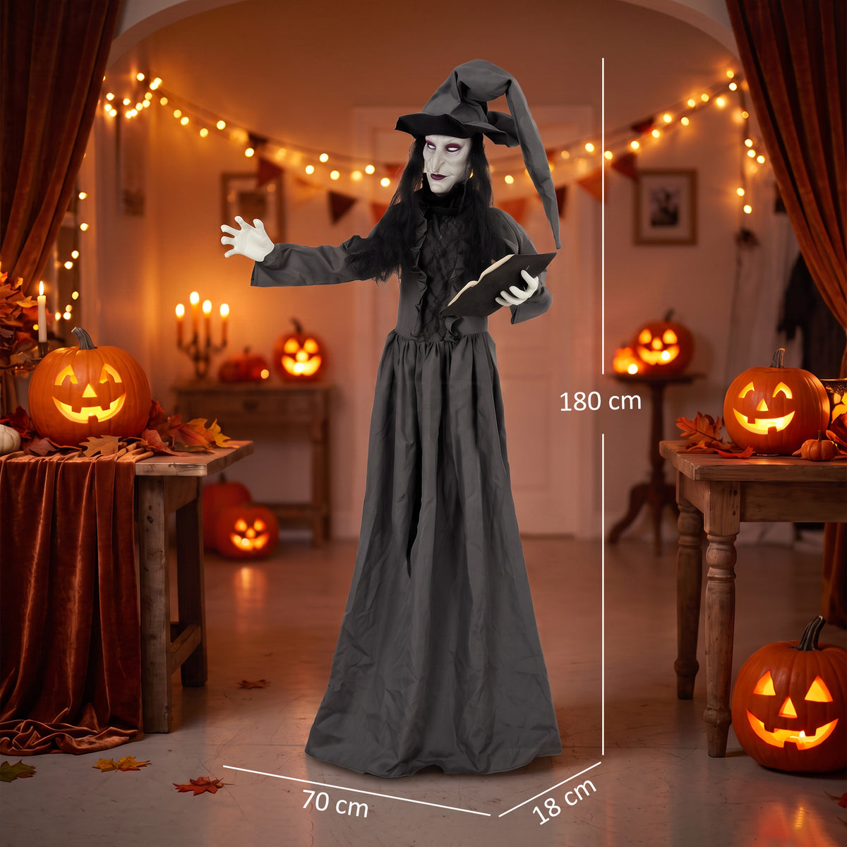 Bruxa Animada 180 cm Decoração de Halloween Tamanho Real com Olhos Iluminados Som Assustador Ativação por Toque — foto 2