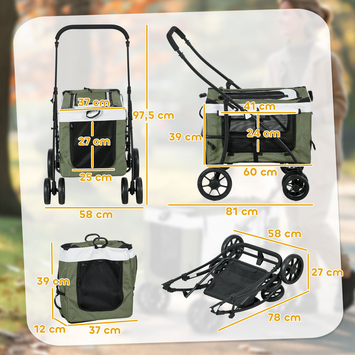 Buggy para cães Carrinho para pets, dobrável, cesto removível, 81 x 58 x 97,5 cm, Preto+Verde Escuro+Branco — foto 2