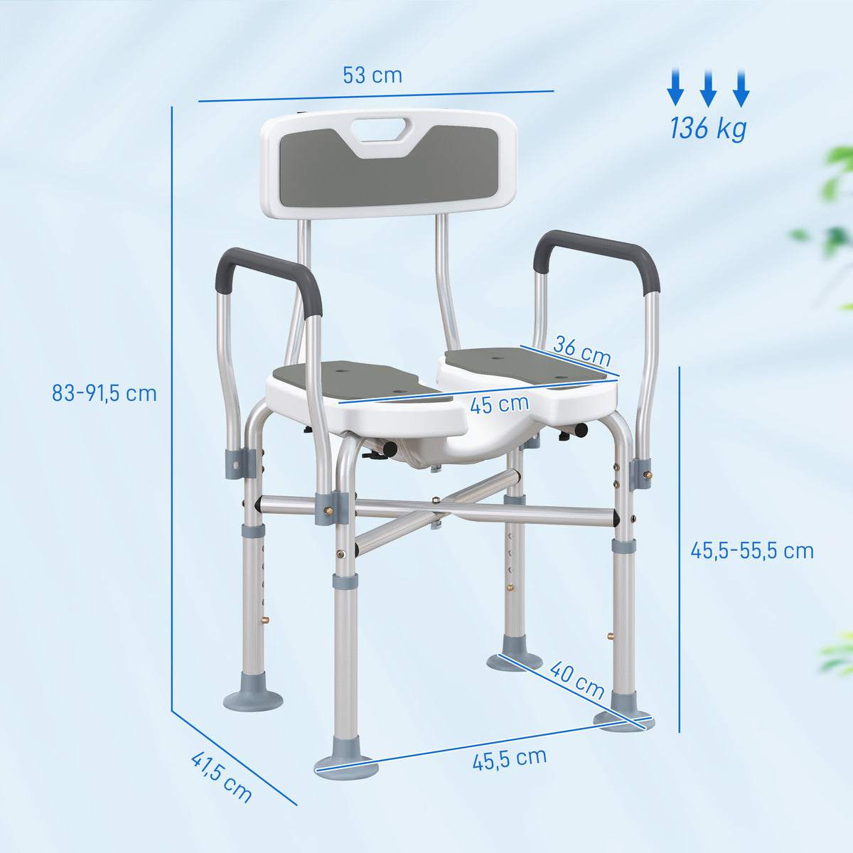 Cadeira de Duche com Abertura em U, Altura Regulável, Antiderrapante, com Encosto e Apoios de Braços, até 136 kg, Cinzento — foto 2