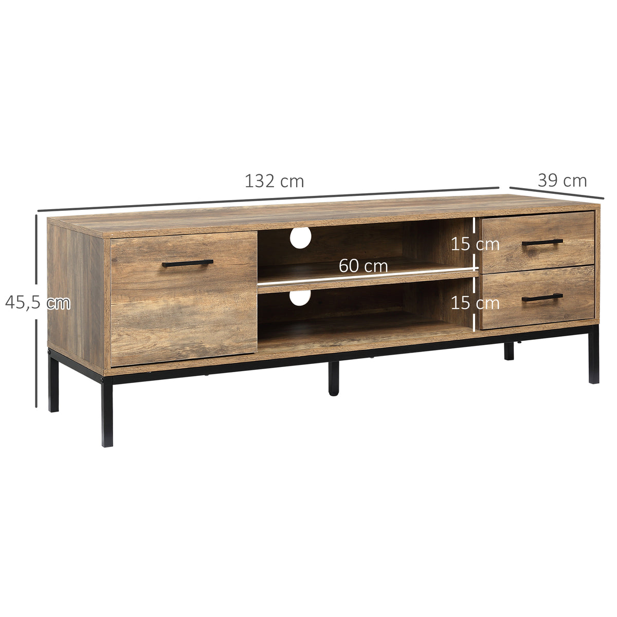 Móvel TV Banco TV Até 50 Polegadas Armário 2 Gavetas e Prateleira 2 Passa Cabos 132x39x45,5 cm Castanho Preto — foto 2