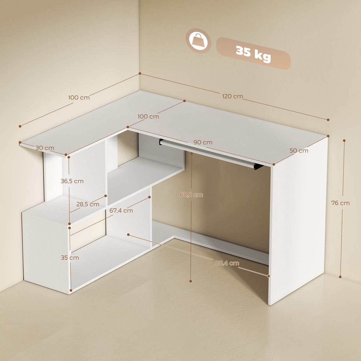 Mesa de canto em L com prateleiras de arrumação, suporte de teclado deslizante, 120x100x76cm, branco — foto 2