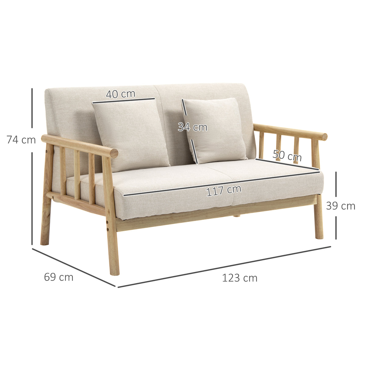 Sofá 2 lugares, revestimento em tecido com aparência de linho, compacto, até 200 kg, estrutura em madeira, 123L x 69B x 74H cm, Bege — foto 2