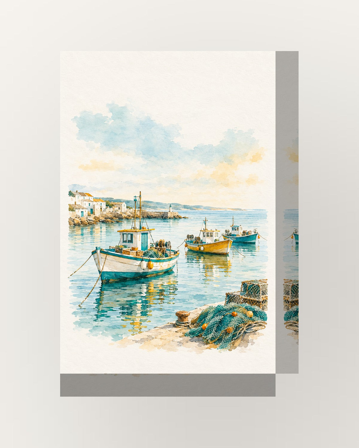 Porto de pesca · Aguarela · quadro náutico — acabamento:thick